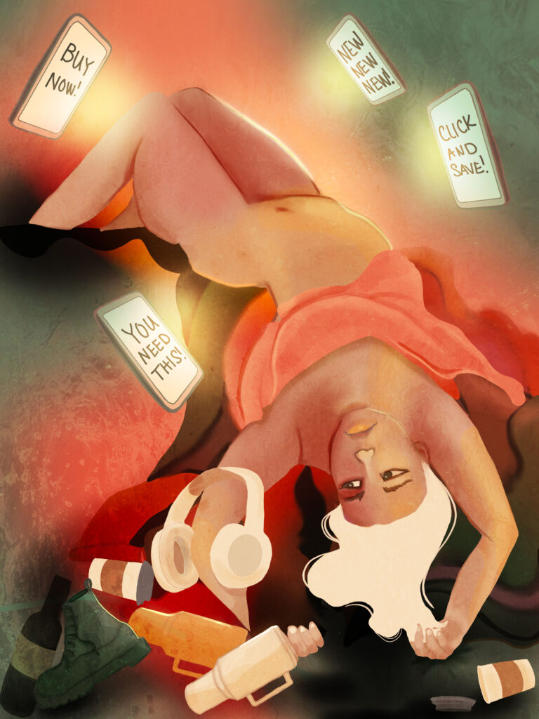 Illustration called Buy Now Buy More with person laying on clothes and other objects and phone ads shining on them