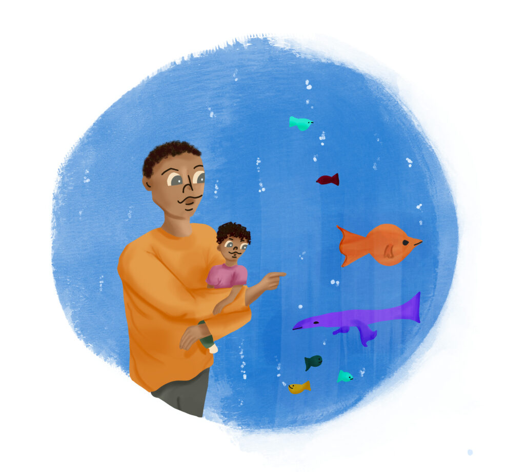 Dad and kid looking at fish illustration