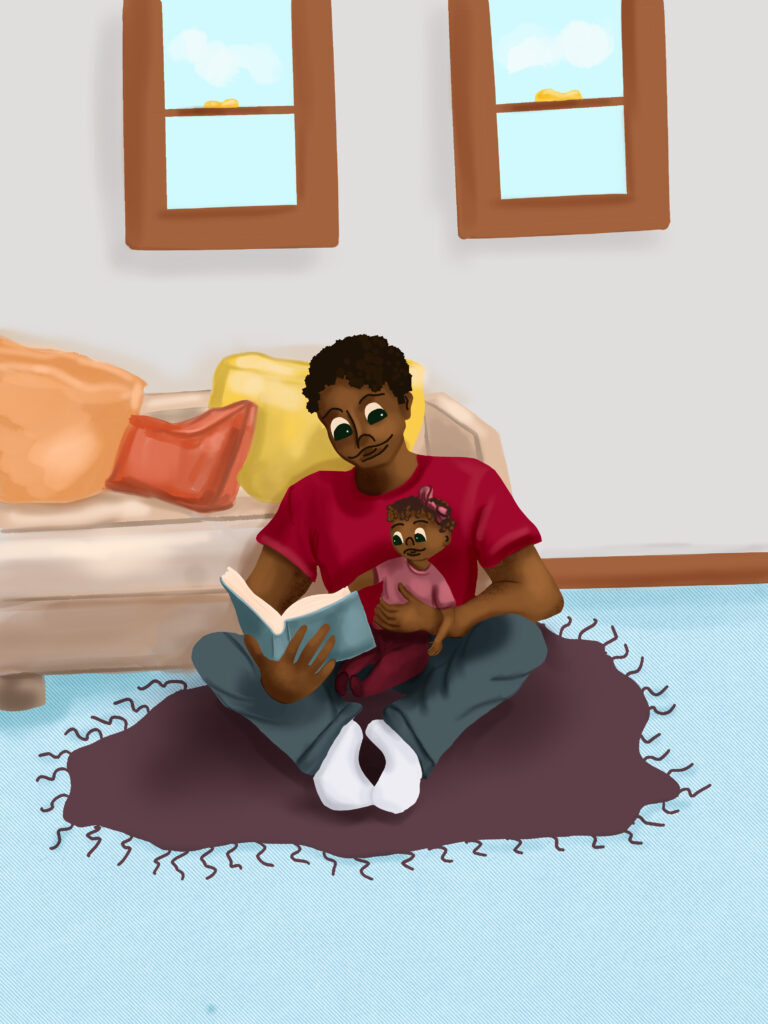 Dad reading to kid illustration